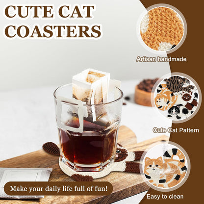 Cute Cat Coasters for Desk, Funny Woven Coaster for Decoration, Creative Gifts for Cat Lovers, Crochet Insulation Knitted Coasters for Coffee Tea Table Desktop Protection (4, Style B)