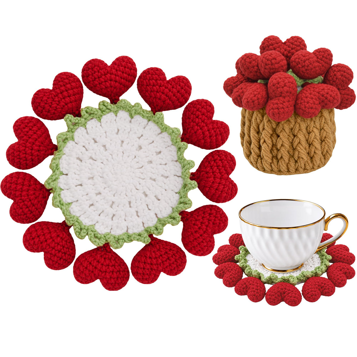 Crochet Flower Coasters, Handmade Bouquet Coasters with Crochet Plant Pot (Pink, 1Pc)
