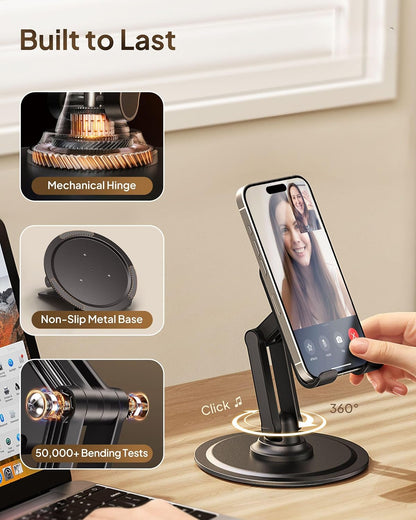 COOPER 360° Stand, Rotating Cell Phone Stand for Desk | Sturdy Metal Base, Foldable, Portable | Cell Phone Holder for Desk (Piano Black)