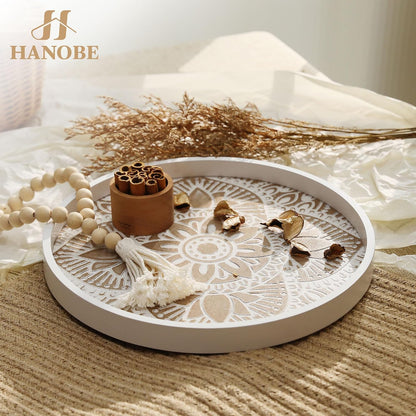 Hanobe Round Boho Decorative Tray for Coffee Table, Mandala Pattern Finish