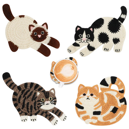 Cute Cat Coasters for Desk, Funny Woven Coaster for Decoration, Creative Gifts for Cat Lovers, Crochet Insulation Knitted Coasters for Coffee Tea Table Desktop Protection (4, Style B)