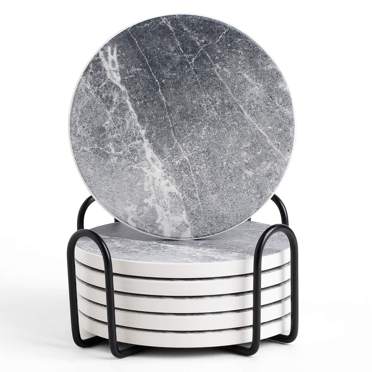 LIFVER Absorbent Coaster Sets of 4, Drink Coasters with Holder, Marble Style Ceramic Drink Coaster for Tabletop Protection, Suitable for Kinds of Cups, Wooden Table, Cool Home Decor, 4 Inches