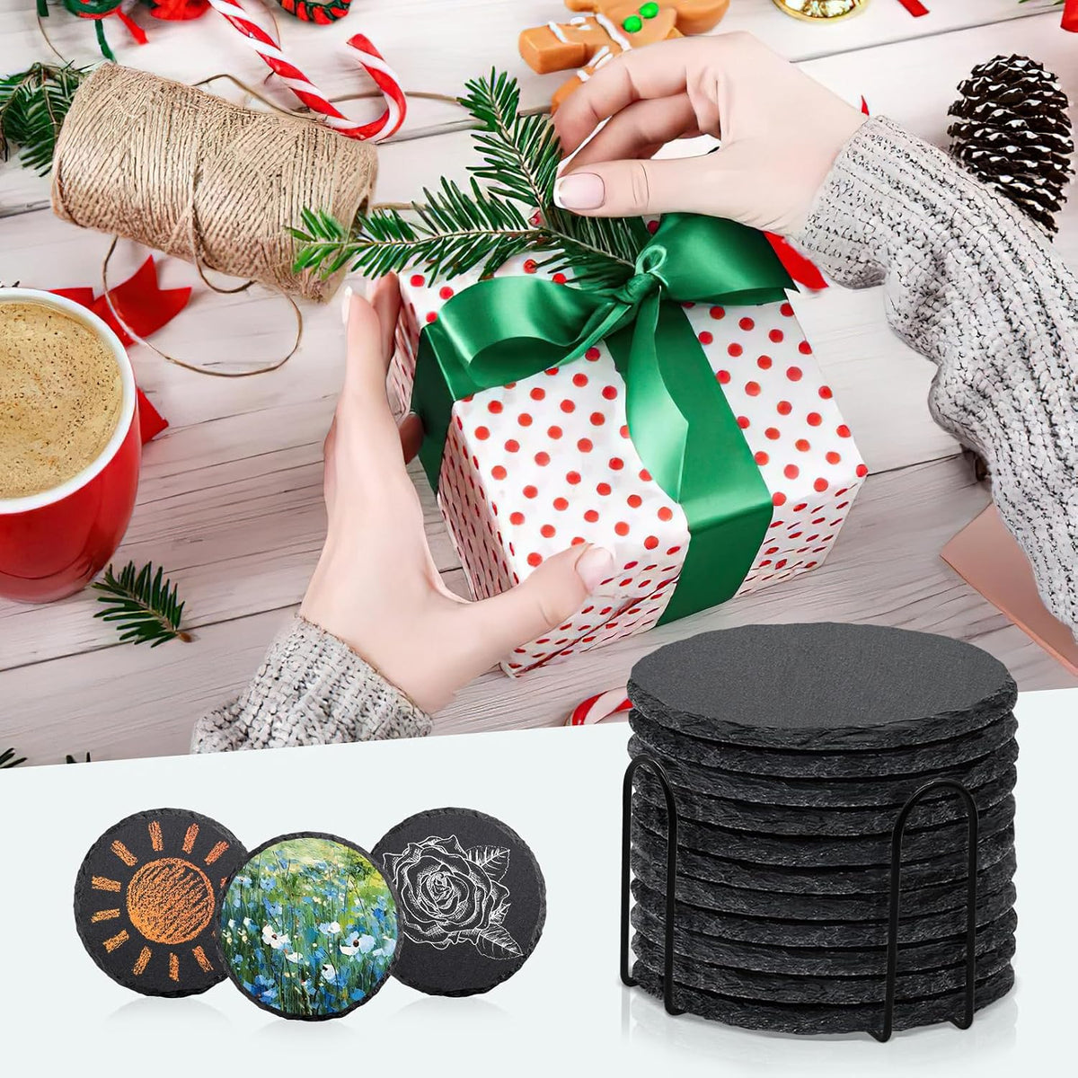 4 PCS Round Slate Drink Coasters Set, SIJDIEE 4 Inch Laser Engraving Black Slate Stone Coasters with Anti-Scratch Bottom and Coaster Holder for Office Bar Kitchen Home Dinner Table Decor Supplies