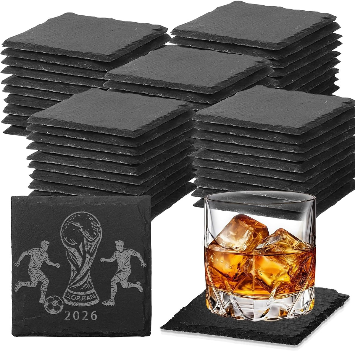 24 PCS Slate Coasters Black Square 4 Inch Bulk Rock, Blank Laser Engraving, Scratch Resistant Bottom, Home Office Kitchen Gift Wedding Bar Party