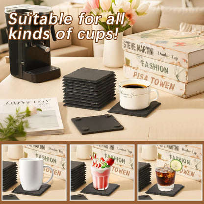 24 PCS Slate Coasters Black Square 4 Inch Bulk Rock, Blank Laser Engraving, Scratch Resistant Bottom, Home Office Kitchen Gift Wedding Bar Party