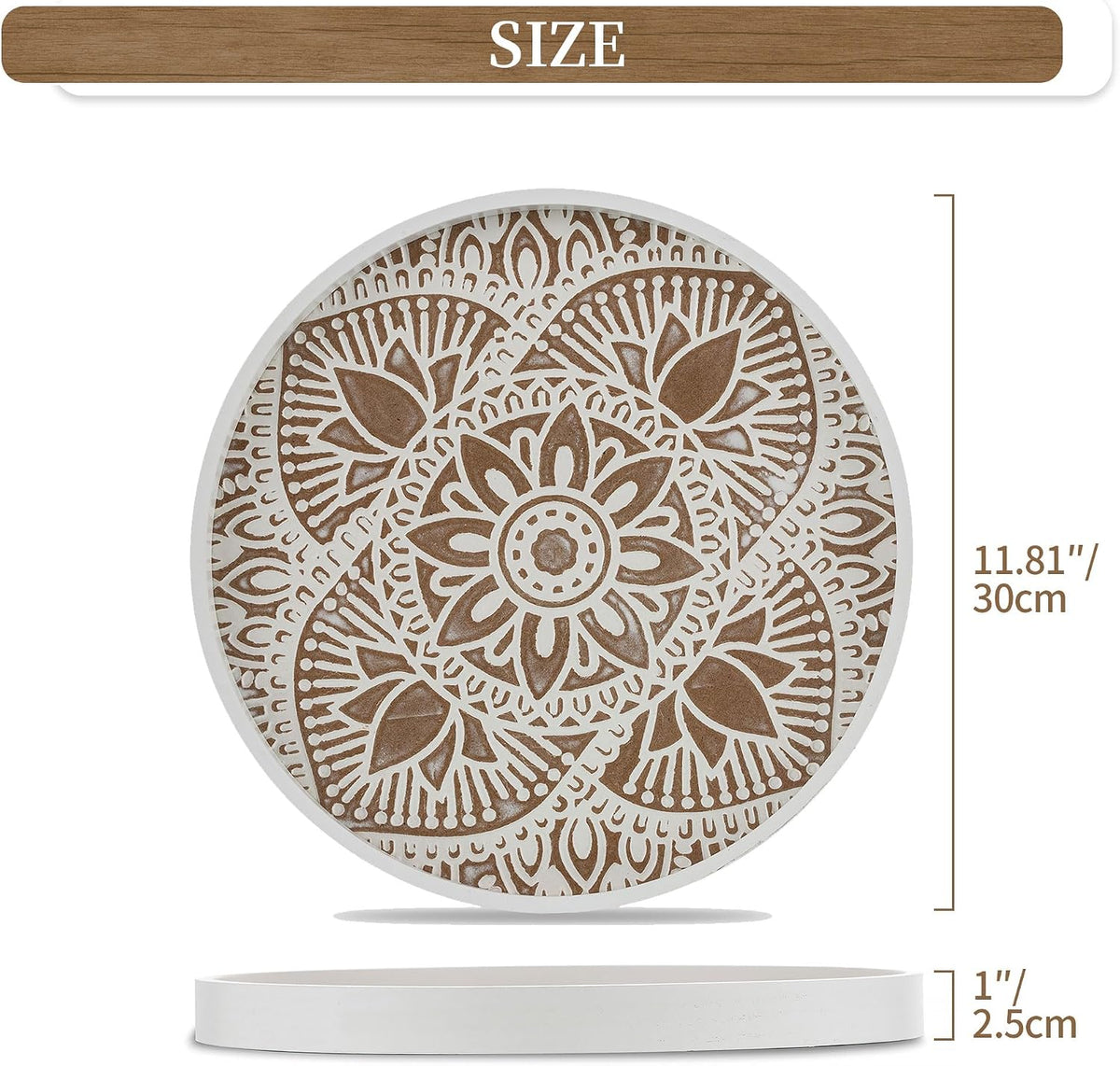 Hanobe Round Boho Decorative Tray for Coffee Table, Mandala Pattern Finish