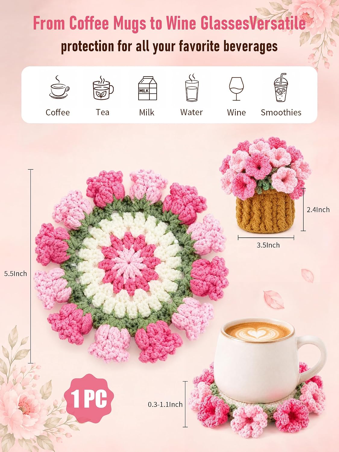 Crochet Flower Bouquet Coasters, Cotton Tulip Gifts for Home Decor 1Pc