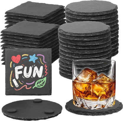 24 PCS Slate Coasters Black Square 4 Inch Bulk Rock, Blank Laser Engraving, Scratch Resistant Bottom, Home Office Kitchen Gift Wedding Bar Party
