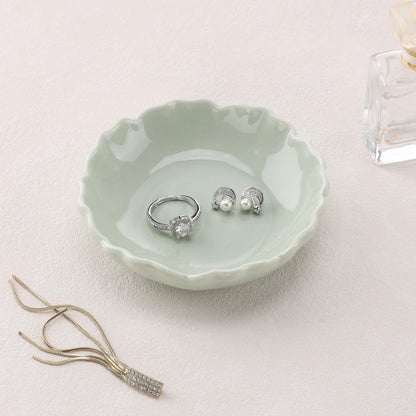 HOME SMILE Pastel White Ruffled Ceramic Jewelry Dish|Trinket Tray for Rings, Earrings, Necklaces|Gifts for Women|Vanity Organizer & Bathroom Decor