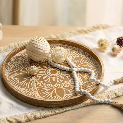 Hanobe Round Boho Decorative Tray for Coffee Table, Mandala Pattern Finish
