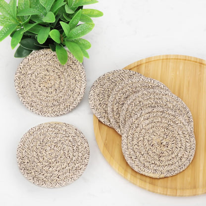 ABenkle 8 Pcs Drink Coasters with Holder, Cotton Woven Absorbent Coasters for Drinks, Minimalist Home Decor Coaster Set for Wooden Tabletop Protection Table, 4.3 inches Mixed Brown
