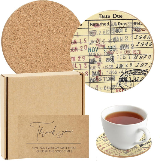 Vintage Library Due Date Card Coaster Set with Gift Card