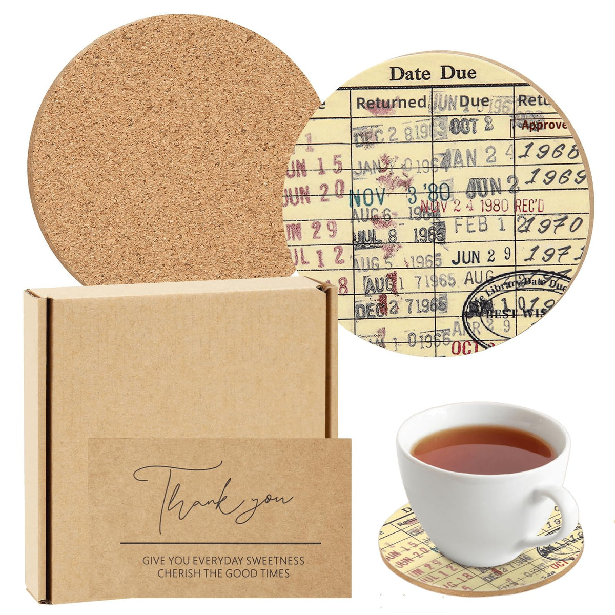Vintage Library Due Date Card Coaster Set with Gift Card