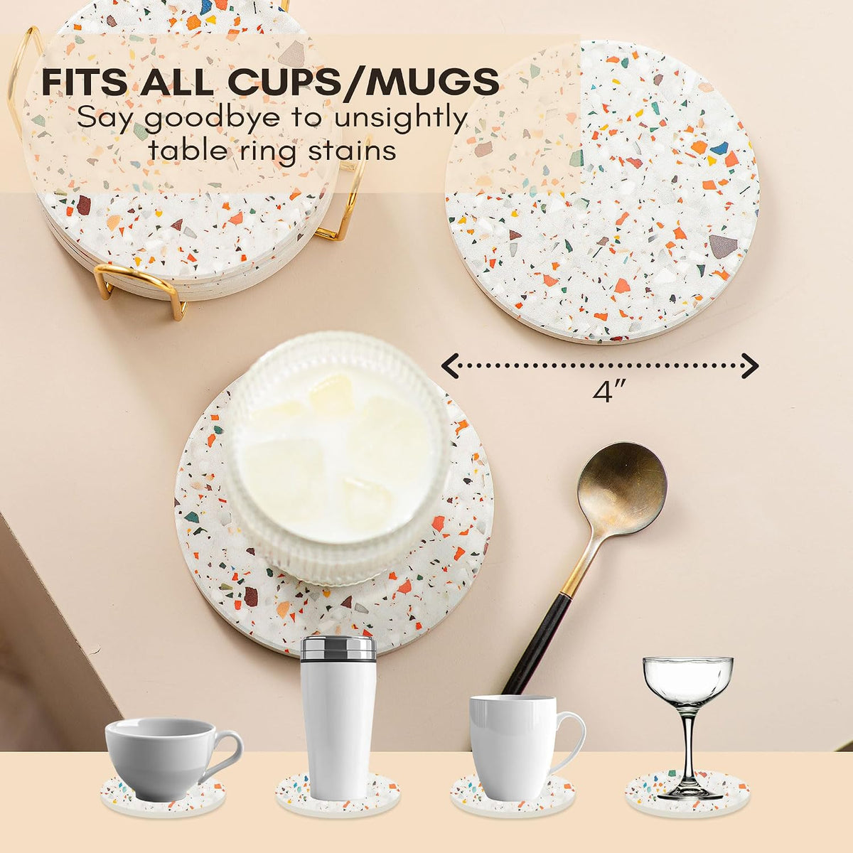 Terrazzo Coasters Set of 6, Colorful Boho Absorbent Ceramic Coasters