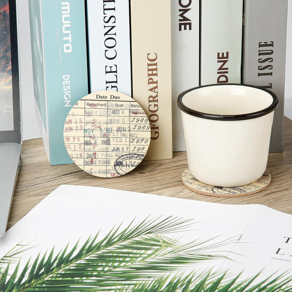 Vintage Library Due Date Card Coaster Set with Gift Card