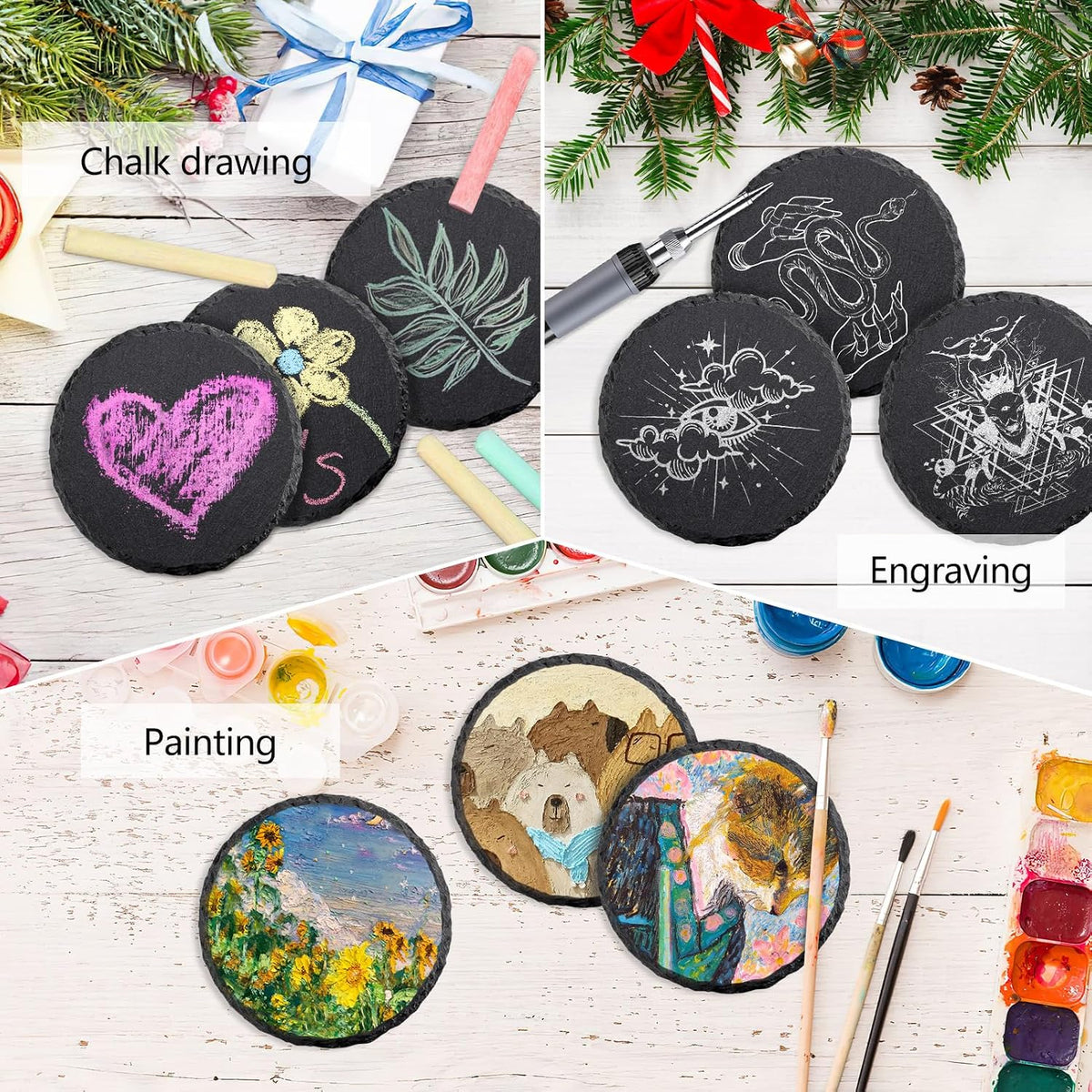 4 PCS Round Slate Drink Coasters Set, SIJDIEE 4 Inch Laser Engraving Black Slate Stone Coasters with Anti-Scratch Bottom and Coaster Holder for Office Bar Kitchen Home Dinner Table Decor Supplies