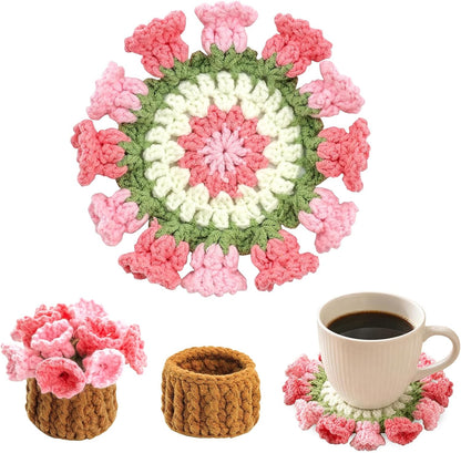 Flower Crochet Coasters Set of 2, Handmade Drink Coasters with Plant Pot Holder, Cute Coasters for Desk or Coffee Table, Floral Home Decor