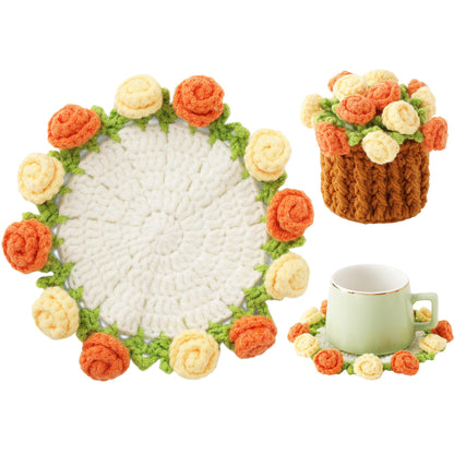 Crochet Flower Coasters, Handmade Bouquet Coasters with Crochet Plant Pot (Pink, 1Pc)