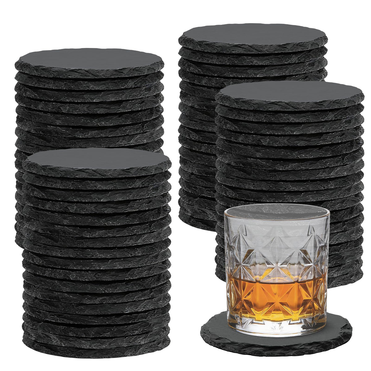 4 PCS Round Slate Drink Coasters Set, SIJDIEE 4 Inch Laser Engraving Black Slate Stone Coasters with Anti-Scratch Bottom and Coaster Holder for Office Bar Kitchen Home Dinner Table Decor Supplies