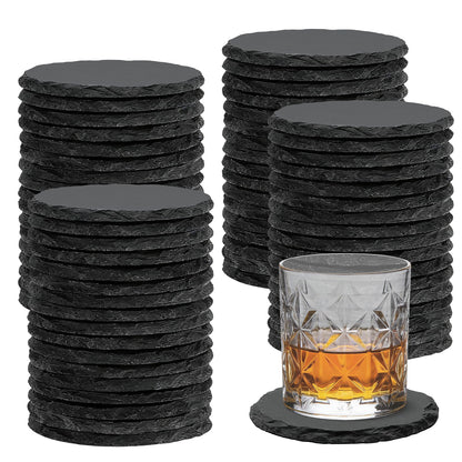 4 PCS Round Slate Drink Coasters Set, SIJDIEE 4 Inch Laser Engraving Black Slate Stone Coasters with Anti-Scratch Bottom and Coaster Holder for Office Bar Kitchen Home Dinner Table Decor Supplies