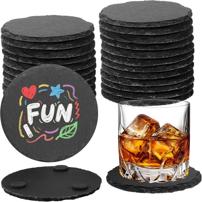 24 PCS Slate Coasters Black Square 4 Inch Bulk Rock, Blank Laser Engraving, Scratch Resistant Bottom, Home Office Kitchen Gift Wedding Bar Party