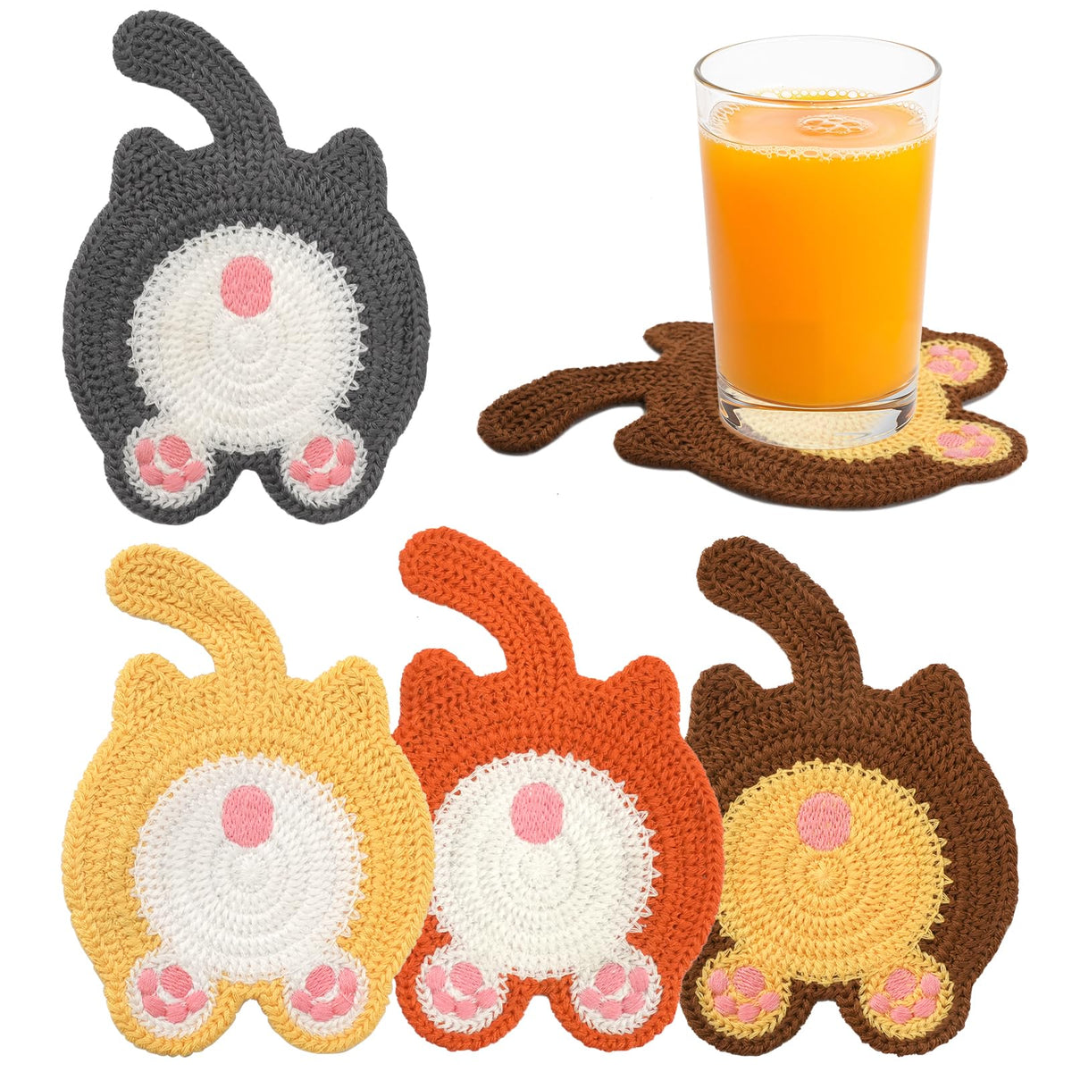 Cute Cat Coasters for Desk, Funny Woven Coaster for Decoration, Creative Gifts for Cat Lovers, Crochet Insulation Knitted Coasters for Coffee Tea Table Desktop Protection (4, Style B)