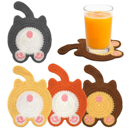 Cute Cat Coasters for Desk, Funny Woven Coaster for Decoration, Creative Gifts for Cat Lovers, Crochet Insulation Knitted Coasters for Coffee Tea Table Desktop Protection (4, Style B)