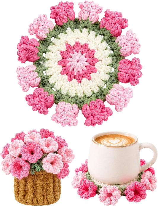 Crochet Flower Bouquet Coasters, Cotton Tulip Gifts for Home Decor 1Pc