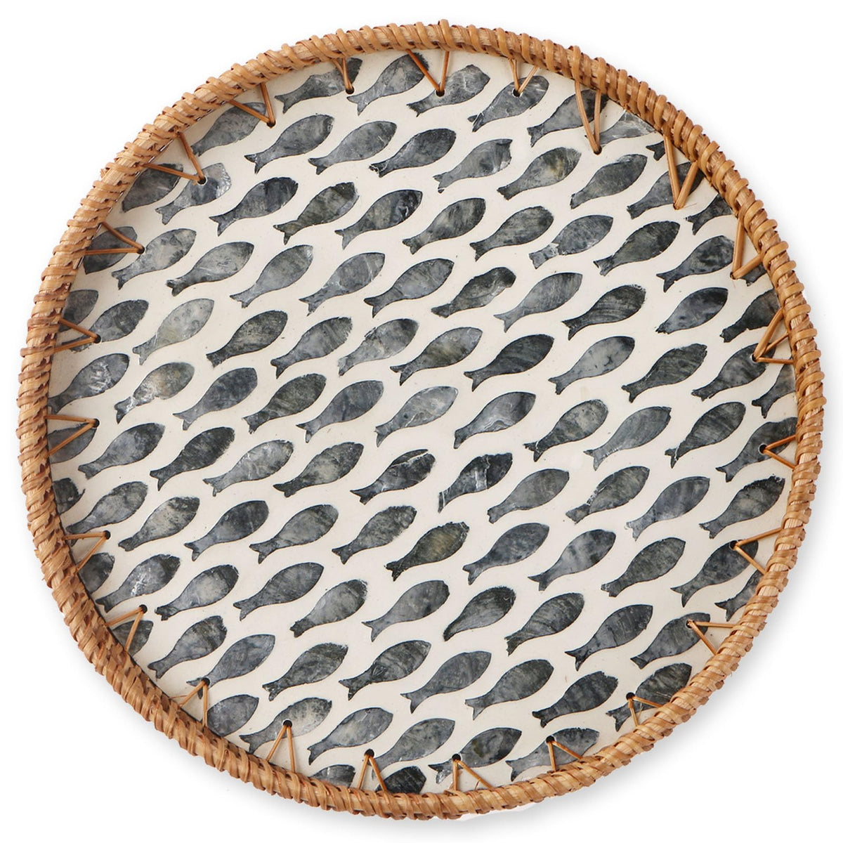 Round Rattan Tray with Mother of Pearl Inlay, Wooden Base