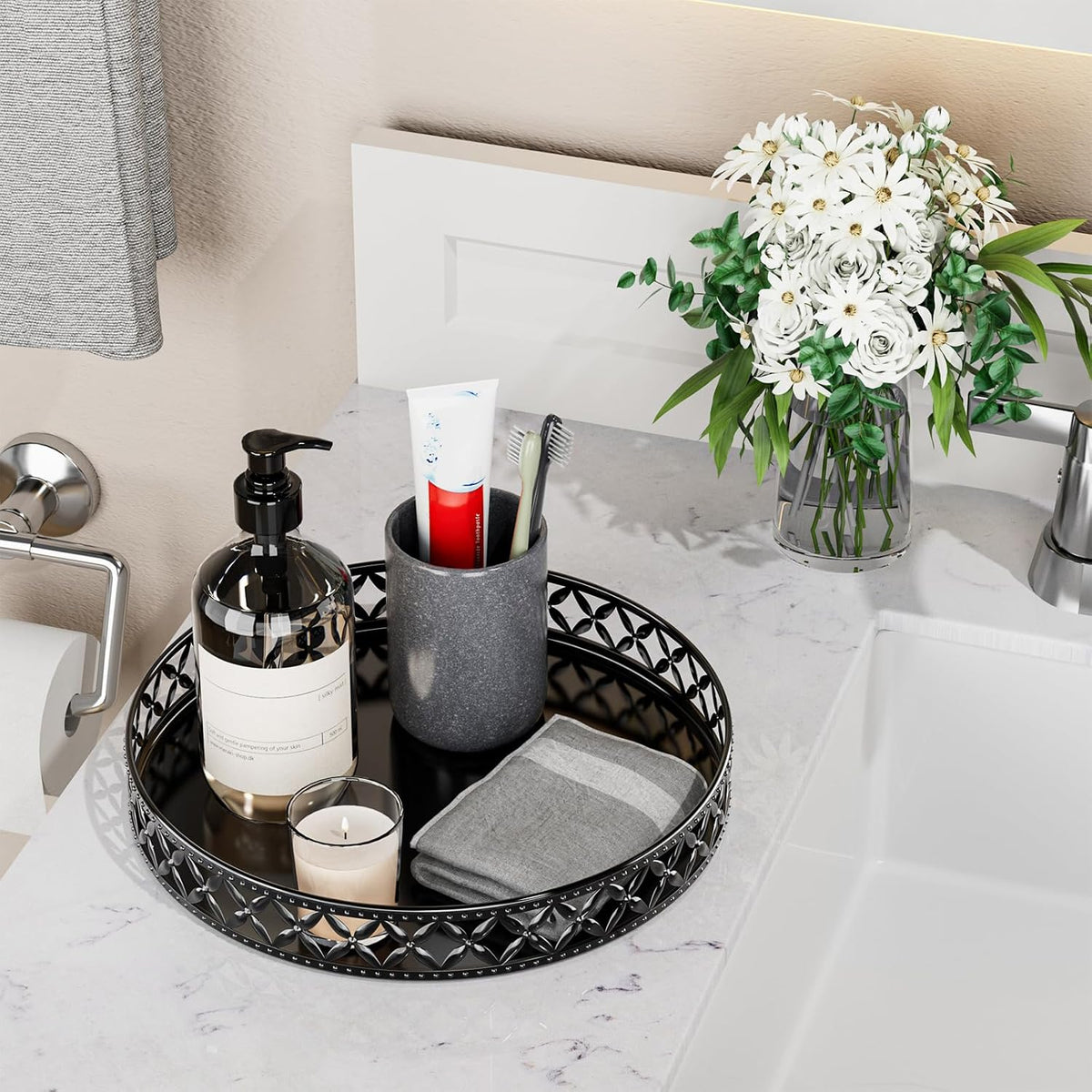 Vanity Tray for Bathroom Counter - 11 Inch Round Black Decorative Tray