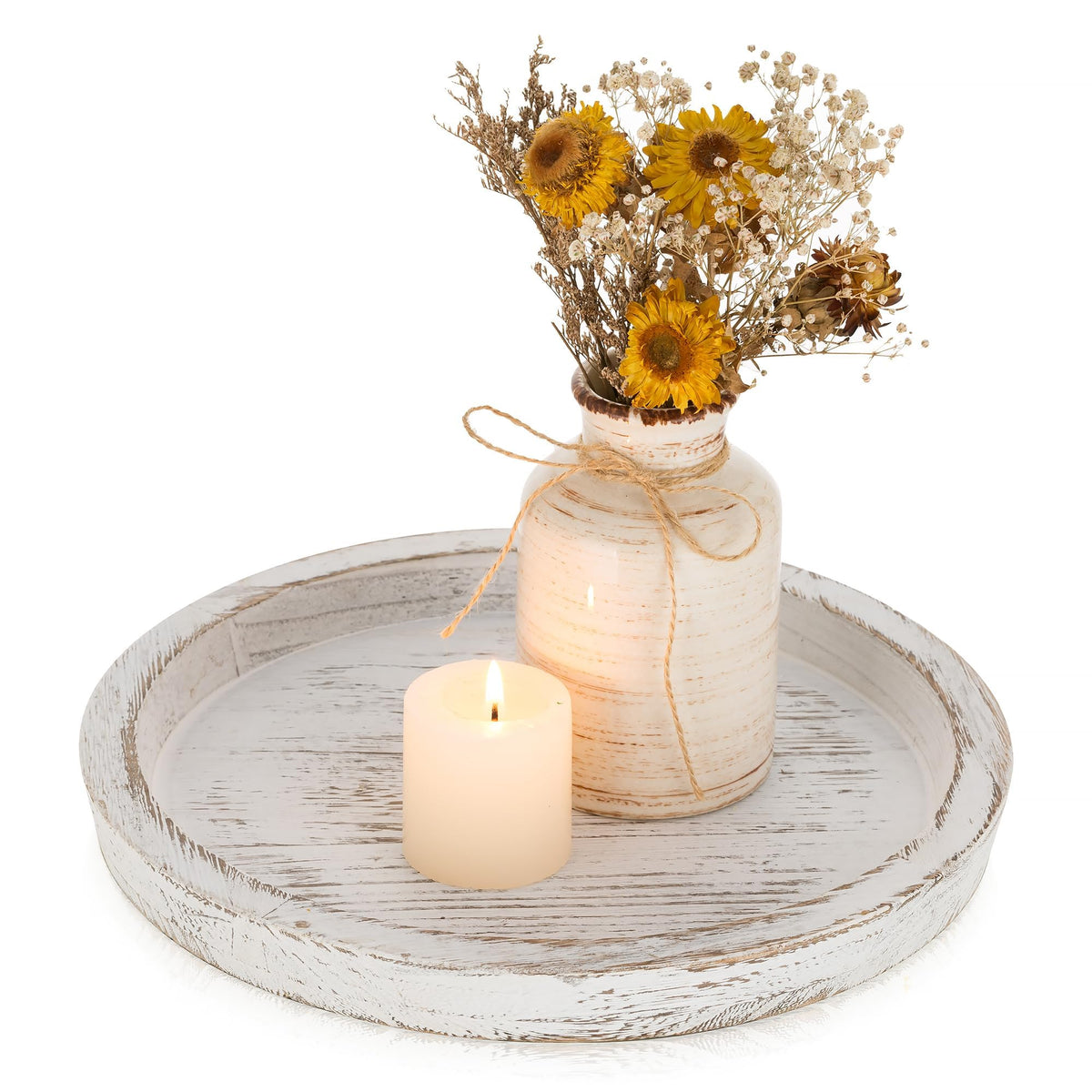 Romadedi Farmhouse Wooden Candle Tray, 11 Inch Round