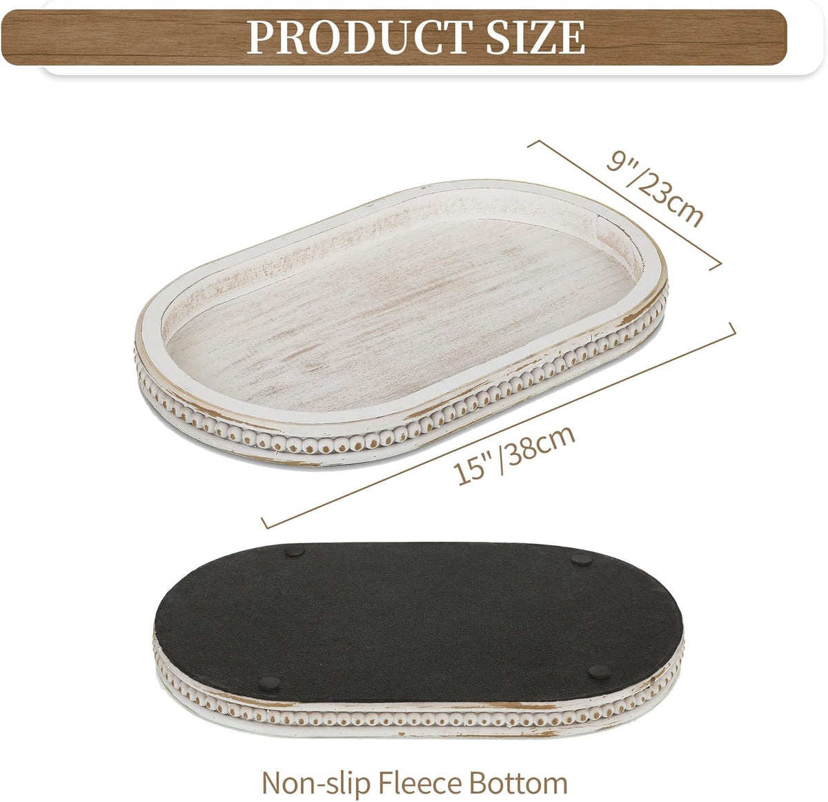 Hanobe 15" White Oval Decorative Trays for Coffee Table Decor, Beaded Edge