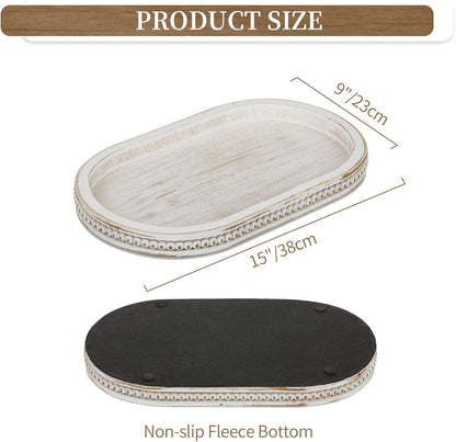 Hanobe 15" White Oval Decorative Trays for Coffee Table Decor, Beaded Edge