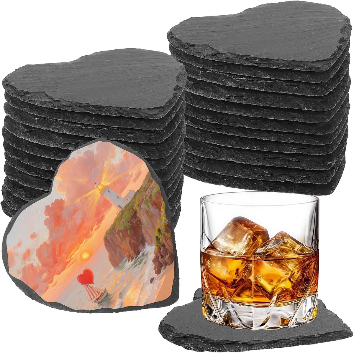 24 PCS Slate Coasters Black Square 4 Inch Bulk Rock, Blank Laser Engraving, Scratch Resistant Bottom, Home Office Kitchen Gift Wedding Bar Party