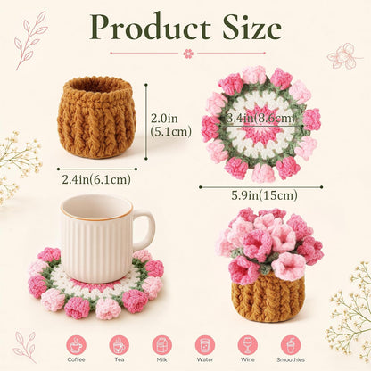 Crochet Flower Coasters, Handmade Bouquet Coasters with Crochet Plant Pot (Pink, 1Pc)