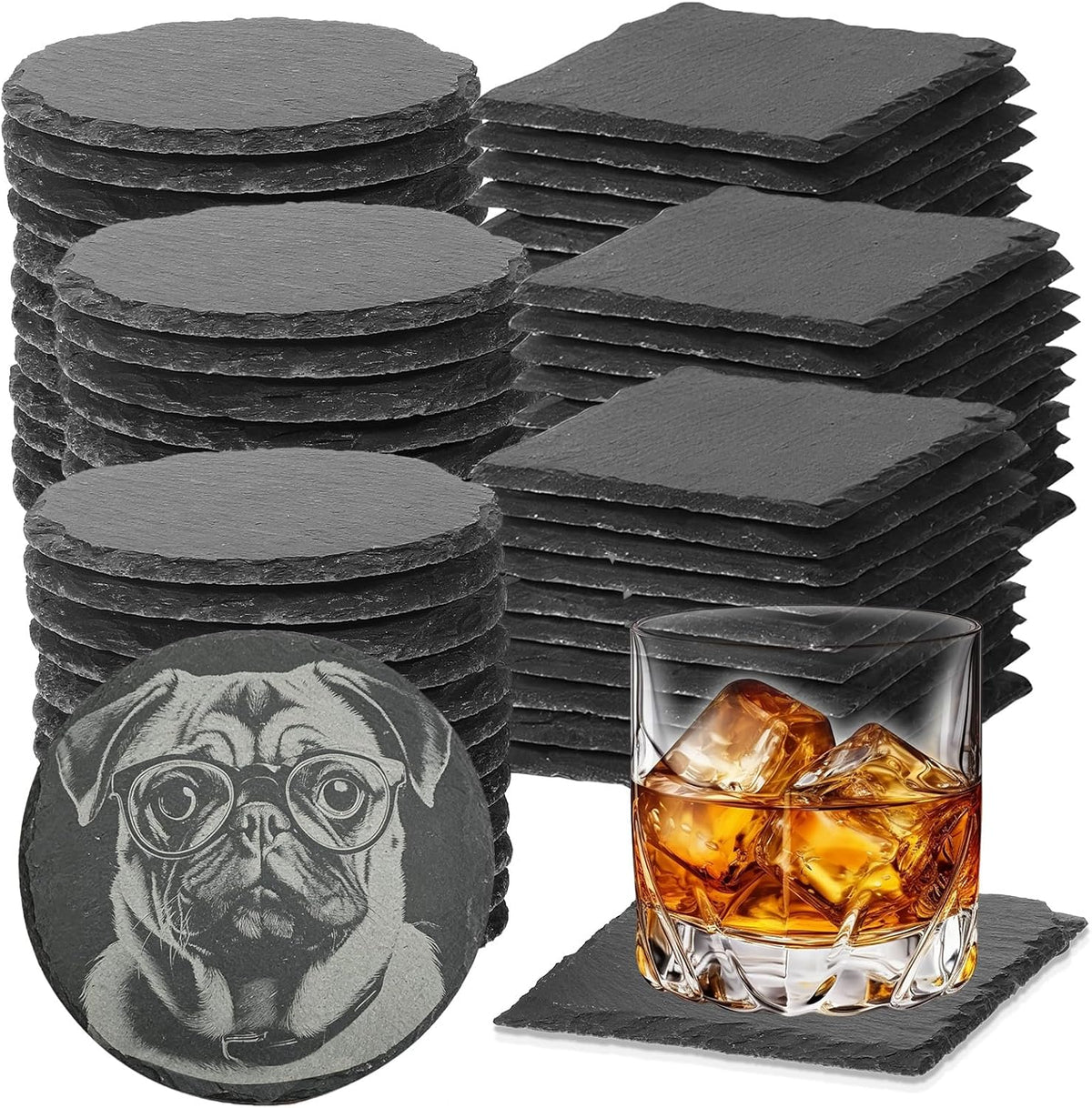 24 PCS Slate Coasters Black Square 4 Inch Bulk Rock, Blank Laser Engraving, Scratch Resistant Bottom, Home Office Kitchen Gift Wedding Bar Party
