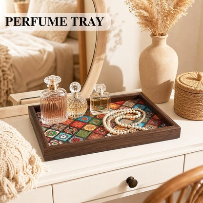 Decorative Wood Serving Tray with Boho Mandala Print, 11.8x7.87 Inch, for Coffee Table, Vanity, Nightstand, Countertophome, Centerpieces, Living Room Decor, Key Bowl, Valet Tray