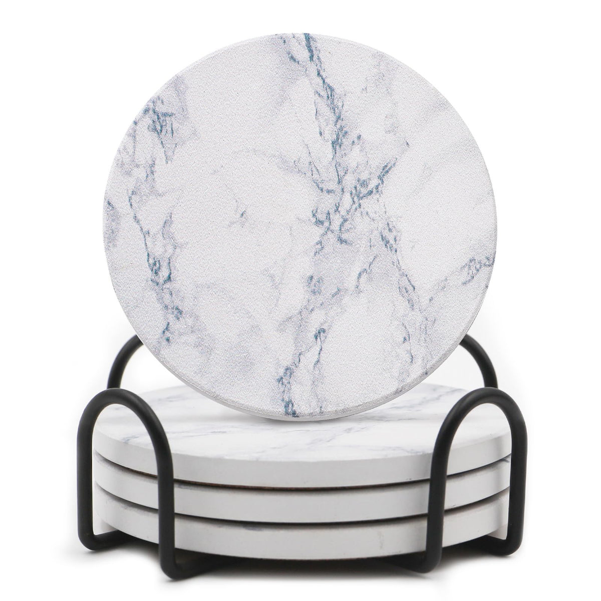 LIFVER Absorbent Coaster Sets of 4, Drink Coasters with Holder, Marble Style Ceramic Drink Coaster for Tabletop Protection, Suitable for Kinds of Cups, Wooden Table, Cool Home Decor, 4 Inches