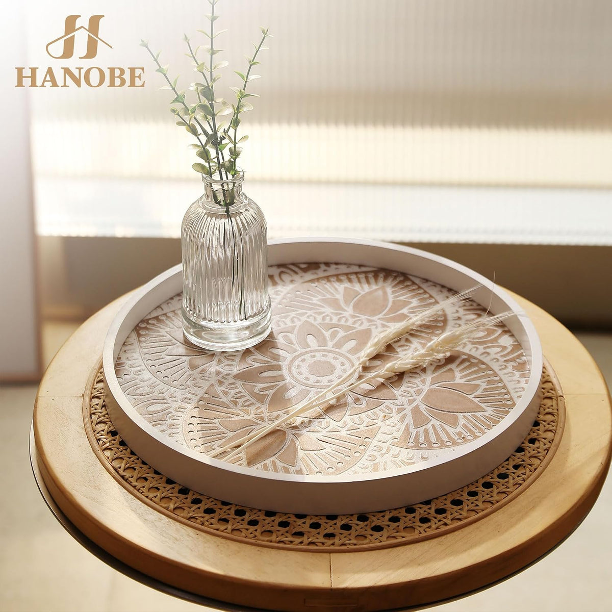 Hanobe Round Boho Decorative Tray for Coffee Table, Mandala Pattern Finish