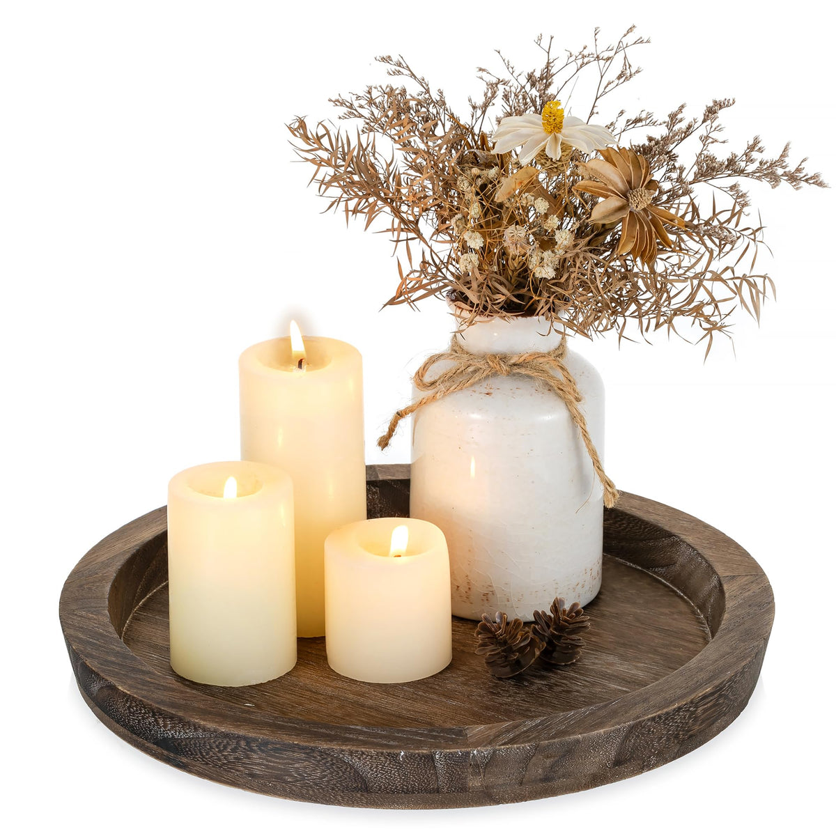 Romadedi Farmhouse Wooden Candle Tray, 11 Inch Round