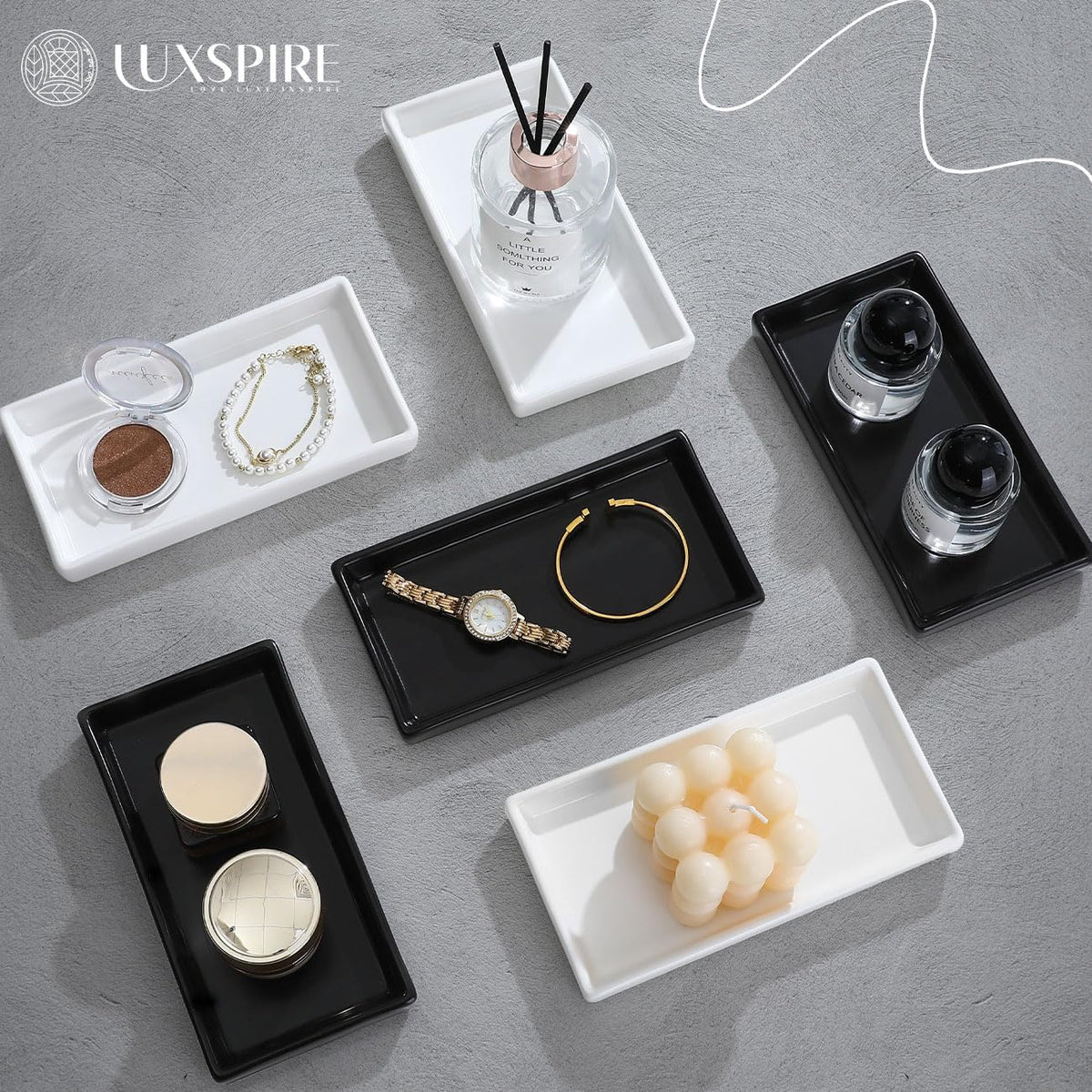 Luxspire Bathroom Vanity Tray Ceramic Perfume and Jewelry Dish, Mini, Black