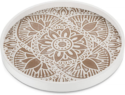 Hanobe Round Boho Decorative Tray for Coffee Table, Mandala Pattern Finish