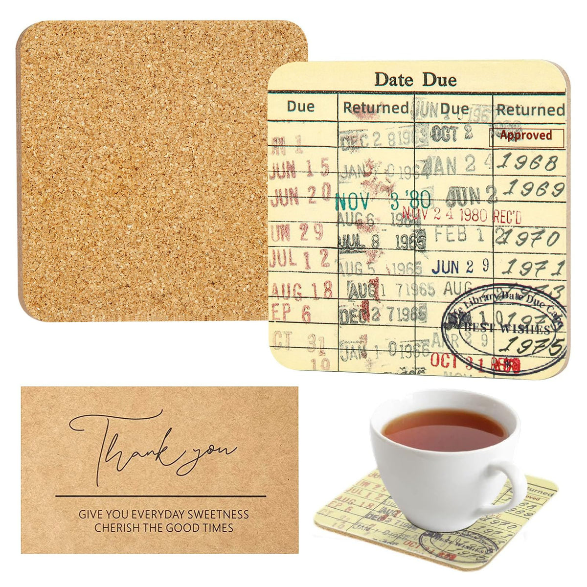 Vintage Library Due Date Card Coaster Set with Gift Card