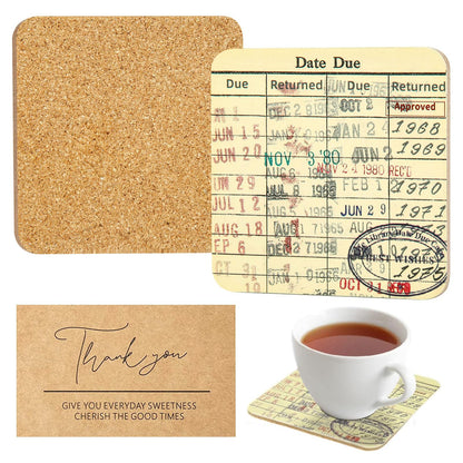 Vintage Library Due Date Card Coaster Set with Gift Card