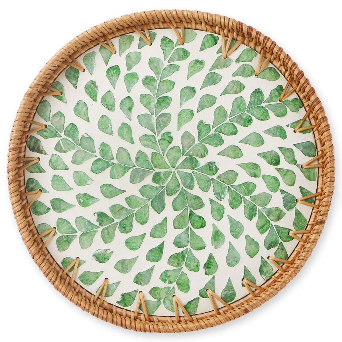 Round Rattan Tray with Mother of Pearl Inlay, Wooden Base