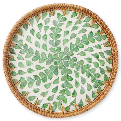 Round Rattan Tray with Mother of Pearl Inlay, Wooden Base