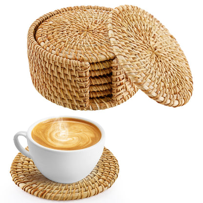 Handmade Nature Rattan Coasters Set of 6 with Holder, Fall Home Table Decor