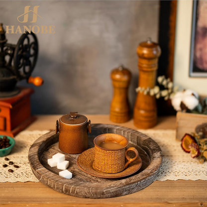 Hanobe Wooden Tray for Coffee Table, Decorative Round Candle Holder Plate