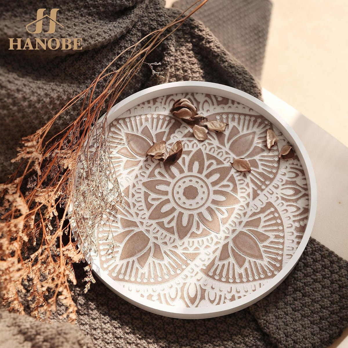 Hanobe Round Boho Decorative Tray for Coffee Table, Mandala Pattern Finish