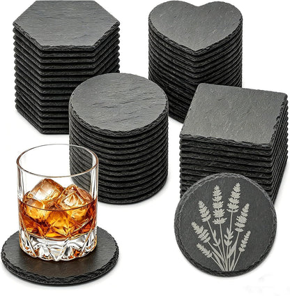24 PCS Slate Coasters Black Square 4 Inch Bulk Rock, Blank Laser Engraving, Scratch Resistant Bottom, Home Office Kitchen Gift Wedding Bar Party